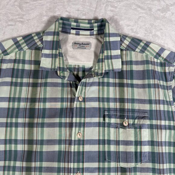 Tommy Bahama Shirt Men Size L Short Sleeve Cotton Blend Jeans Island Crafted EUC - Picture 2 of 10